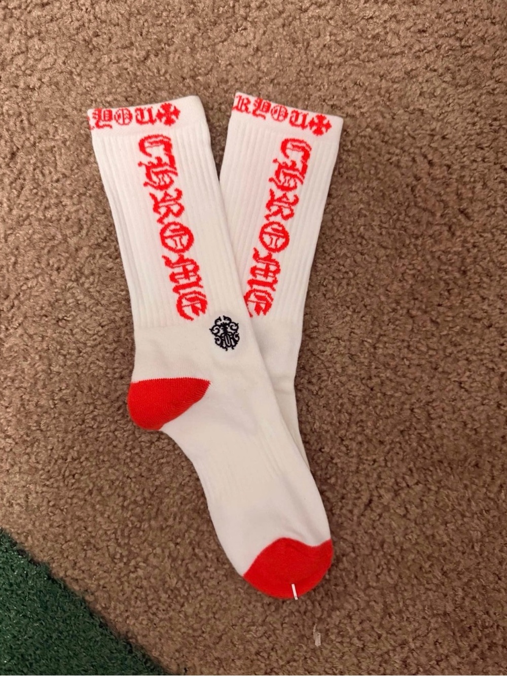 Chrome Hearts White Crew Socks with Red Accents and Script